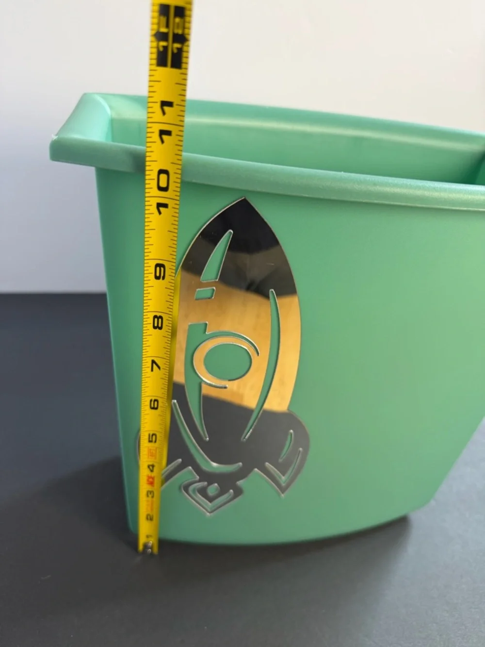 Vintage Sterilite MCM 60s Green Plastic Waste Basket Trash Can + Rocket Decal